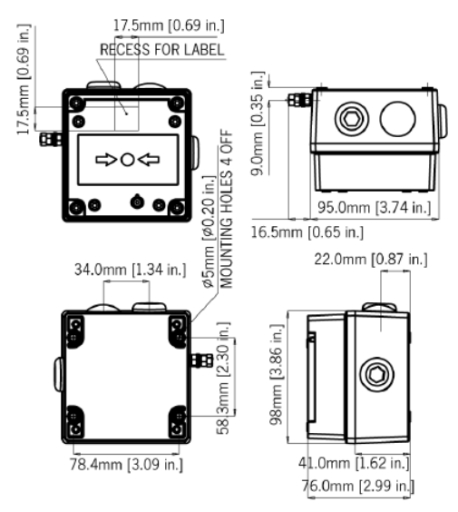 E2S Conventional Hazardous Area Weatherproof Manual Call Point Dimensions